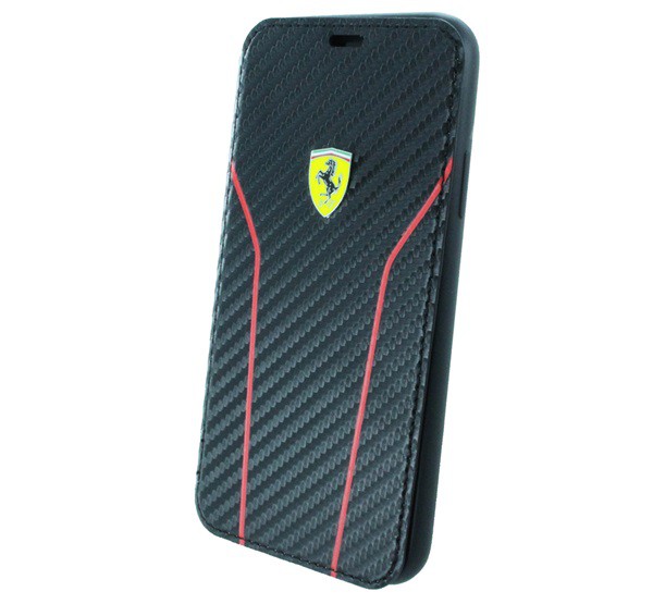 CG MOBILE Ferrari Scuderia Carbon tok álló, bőr hatású (FLIP, oldalra nyíló, karbon minta) FEKETE [Apple iPhone XS 5.8]
