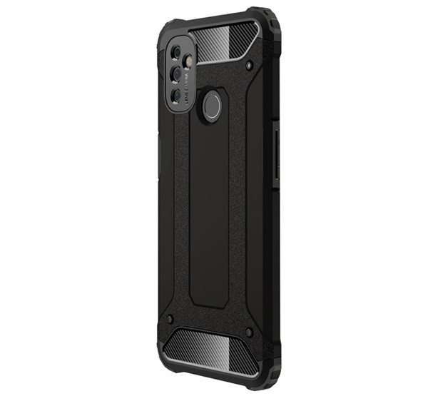 Defender műanyag telefonvédő (közepesen ütésálló, légpárnás sarok, szilikon belső, fémhatás) FEKETE [OnePlus Nord N100]