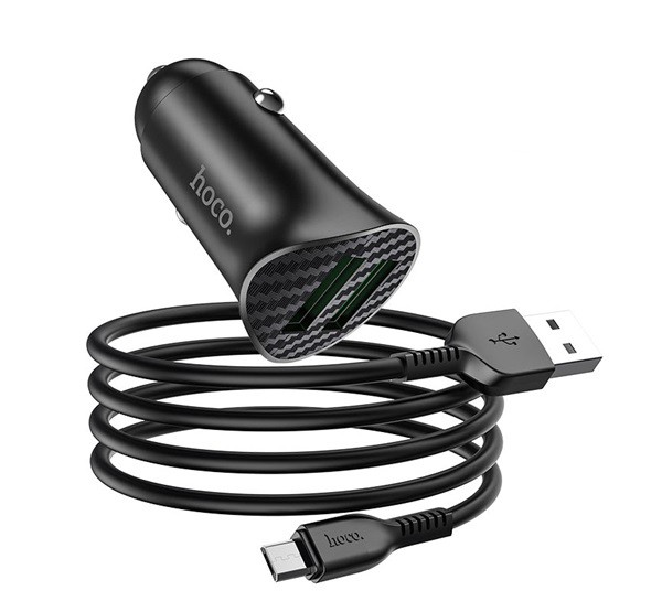 HOCO Z39 autós töltő 2 USB aljzat (18W, QC3.0, gyorstöltés támogatás + microUSB kábel) FEKETE (Z39_MICROUSB_B)