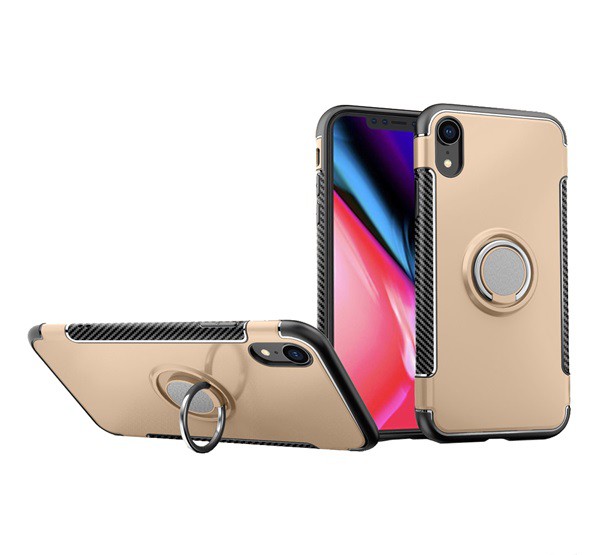 Műanyag telefonvédő (szilikon keret, asztali tartó funkció, telefontartó gyűrű, beépített fémlemez, karbon minta) ARANY [Apple iPhone XR 6.1]