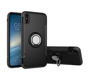 Műanyag telefonvédő (szilikon keret, asztali tartó funkció, telefontartó gyűrű, beépített fémlemez, karbon minta) FEKETE [Apple iPhone XS 5.8]
