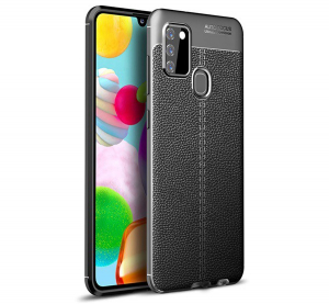 Szilikon telefonvédő (közepesen ütésálló, bőr hatású, varrás minta) FEKETE [Samsung Galaxy A21s (SM-A217F)]