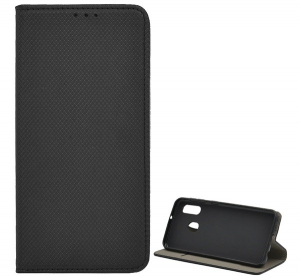 Tok &aacute;ll&oacute;, bőr hat&aacute;s&uacute; (FLIP, oldalra ny&iacute;l&oacute;, asztali tart&oacute; funkci&oacute;, rombusz minta) FEKETE [Samsung Galaxy A20e (SM-A202F)]