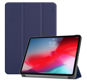 ENKAY tok álló, bőr (aktív FLIP, oldalra nyíló, TRIFOLD asztali tartó funkció, Apple Pen töltés támogatás) SÖTÉTKÉK [Apple IPAD Pro 11 (2018)]