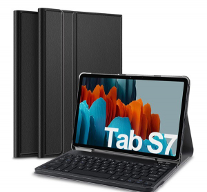 Tok álló, bőr hatású (FLIP, bluetooth billentyűzet, asztali tartó funkció, QWERTY, angol nyelvű) FEKETE [Samsung Galaxy Tab S8 LTE (SM-X706)]