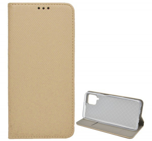 Tok &aacute;ll&oacute;, bőr hat&aacute;s&uacute; (FLIP, oldalra ny&iacute;l&oacute;, asztali tart&oacute; funkci&oacute;, rombusz minta) ARANY [Samsung Galaxy A12 (SM-A125F / SM-A127F)]