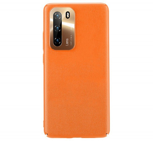 JOYROOM STAR LORD műanyag telefonv&eacute;dő (ultrav&eacute;kony, f&eacute;m kamerav&eacute;dő keret, bőr hat&aacute;s&uacute; bevonat) NARANCS [Huawei P40]