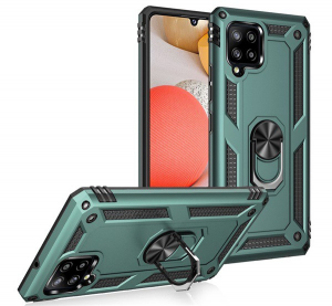 Defender műanyag telefonvédő (közepesen ütésálló, szilikon belső, telefontartó gyűrű, beépített fémlemez) SÖTÉTZÖLD [Samsung Galaxy A42 5G (SM-A425F)]