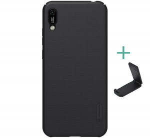 NILLKIN SUPER FROSTED műanyag telefonv&eacute;dő (gum&iacute;rozott, &eacute;rdes fel&uuml;let + asztali tart&oacute;) FEKETE [Honor 8A (Play 8A)]