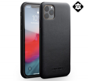 QIALINO műanyag telefonvédő (valódi bőr bevonat) FEKETE [Apple iPhone 11 Pro]