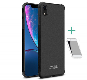 IMAK szilikon telefonvédő (közepesen ütésálló, légpárnás sarok, matt + képernyővédő fólia) FEKETE [Apple iPhone XR 6.1]
