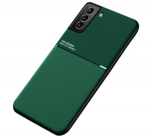 Műanyag telefonvédő (szilikon keret, közepesen ütésálló, beépített fémlemez, bőr hatású hátlap, csíkos minta) SÖTÉTZÖLD [Samsung Galaxy S22 Plus 5G (S