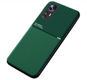 Műanyag telefonvédő (szilikon keret, közepesen ütésálló, beépített fémlemez, bőr hatású hátlap, csíkos minta) SÖTÉTZÖLD [Xiaomi 12 Pro]