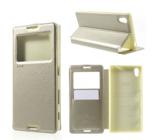 ROAR NOBLE VIEW tok &aacute;ll&oacute;, bőr hat&aacute;s&uacute; (FLIP, oldalra ny&iacute;l&oacute;, asztali tart&oacute; funkci&oacute;, View Window) ARANY [Sony Xperia Z5 (E6653)]