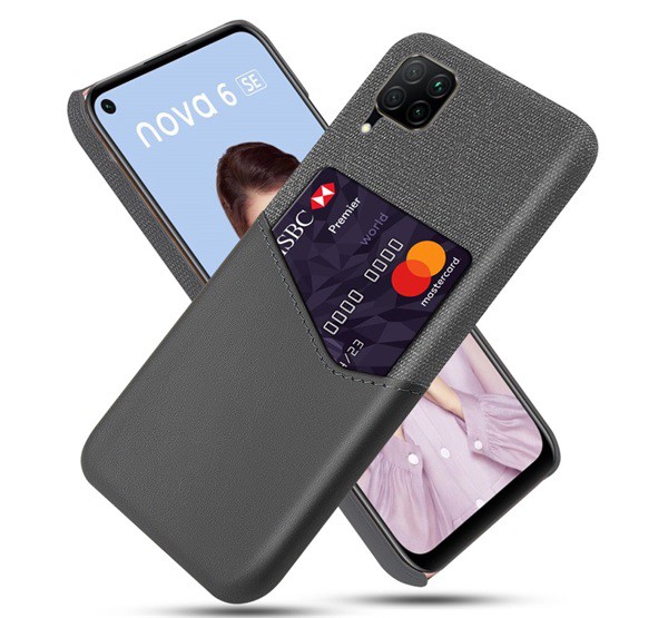 Műanyag telefonvédő (közepesen ütésálló, bankkártya tartó, textil bevonat, bőr hatású hátlap) SZÜRKE [Huawei P40 Lite 4G / Nova 6 SE]