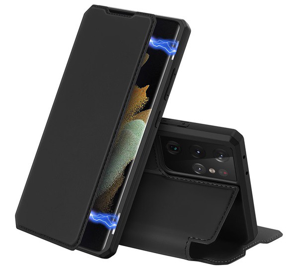 DUX DUCIS SKIN X tok álló, bőr hatású (FLIP, oldalra nyíló, asztali tartó, vezeték nélküli töltés támogatás) FEKETE [Samsung Galaxy S21 Ultra (SM-G998