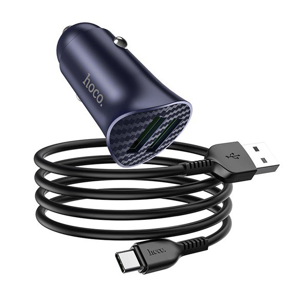 HOCO Z39 autós töltő 2 USB aljzat (18W, QC3.0, gyorstöltés támogatás + Type-C kábel) KÉK (Z39_TYPE-C_B)