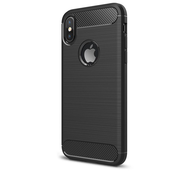 Szilikon telefonvédő (közepesen ütésálló, légpárnás sarok, szálcsiszolt, karbon minta, logo kivágás) FEKETE [Apple iPhone XS 5.8]