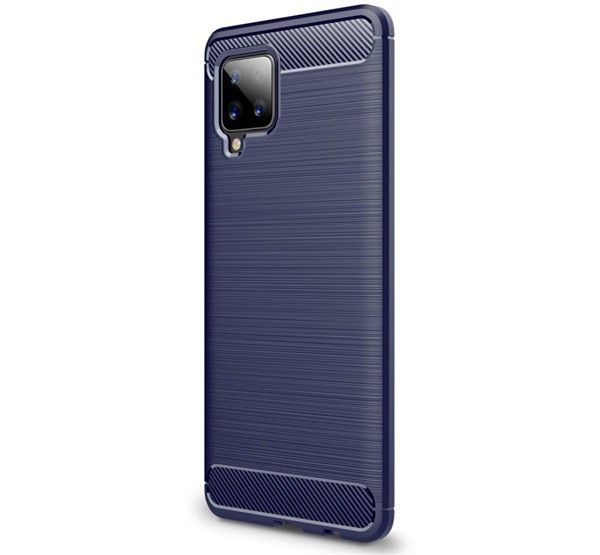 Szilikon telefonvédő (közepesen ütésálló, légpárnás sarok, szálcsiszolt, karbon minta) SÖTÉTKÉK [Samsung Galaxy A42 5G (SM-A425F)]