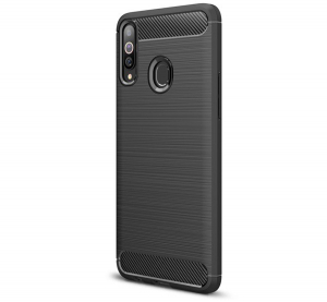 Szilikon telefonvédő (közepesen ütésálló, légpárnás sarok, szálcsiszolt, karbon minta) FEKETE [Samsung Galaxy A20s (SM-A207F)]