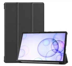 Tok álló, bőr hatású (aktív FLIP, oldalra nyíló, TRIFOLD asztali tartó funkció) FEKETE [Samsung Galaxy Tab S6 10.5 LTE (SM-T865)]