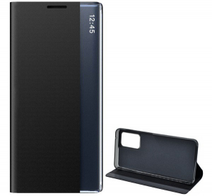 Tok álló, textil hatású (aktív FLIP, oldalra nyíló, asztali tartó funkció, Smart View Cover) FEKETE [Samsung Galaxy A52s 5G (SM-A528)]