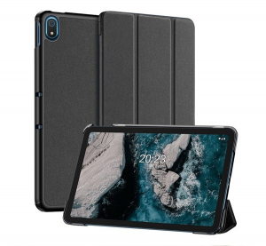 DUX DUCIS DOMO tok álló, bőr hatású (aktív FLIP, oldalra nyíló, TRIFOLD asztali tartó funkció, textil minta) FEKETE [Nokia T20 Wi-Fi]