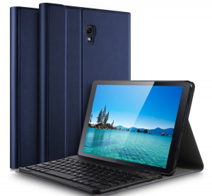 Tok álló, bőr hatású (FLIP, bluetooth billentyűzet, asztali tartó, QWERTY, angol nyelvű) SÖTÉTKÉK [Samsung Galaxy Tab A 10.5 LTE (2018) SM-T595]