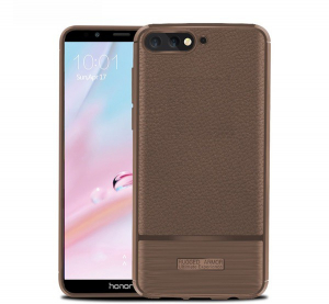 Szilikon telefonvédő (közepesen ütésálló, bőr hatású, szálcsiszolt) BARNA [Huawei Y6 (2018)]