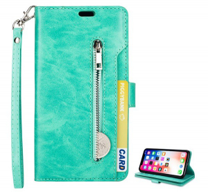 Tok &aacute;ll&oacute;, bőr hat&aacute;s&uacute; (FLIP, oldalra ny&iacute;l&oacute;, asztali tart&oacute; funkci&oacute;, cipz&aacute;ras p&eacute;nzt&aacute;rca, csukl&oacute;p&aacute;nt) CYAN [Apple iPhone XR 6.1]