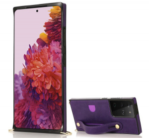 Szilikon telefonvédő (közepesen ütésálló, asztali tartó funkció, bőrhatású hátlap + kézpánt + vállpánt) LILA [Samsung Galaxy S21 Ultra (SM-G998) 5G]