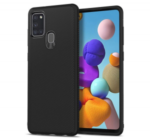 Szilikon telefonvédő (közepesen ütésálló, csíkos minta) FEKETE [Samsung Galaxy A21s (SM-A217F)]