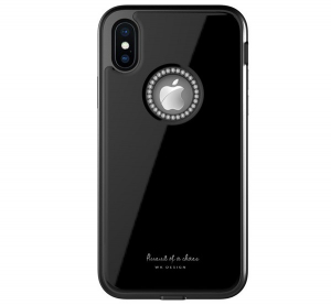 WK GINSTONE műanyag telefonv&eacute;dő (k&ouml;zepesen &uuml;t&eacute;s&aacute;ll&oacute;, &uuml;veg h&aacute;tlap, strasszkő, logo kiv&aacute;g&aacute;s) FEKETE [Apple iPhone XS Max 6.5]