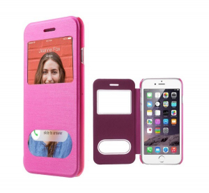 Tok álló, bőr hatású (FLIP, oldalra nyíló, átlátszó hátlap, hívásfelvételhez kivágás, S-View Cover) MAGENTA [Apple iPhone 6S 4.7]