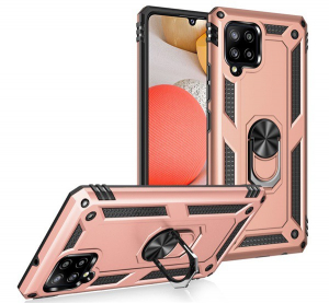 Defender műanyag telefonvédő (közepesen ütésálló, szilikon belső, telefontartó gyűrű, beépített fémlemez) ROZÉARANY [Samsung Galaxy A42 5G (SM-A425F)]