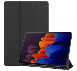 Tok álló, bőr hatású (aktív FLIP, oldalra nyíló, TRIFOLD asztali tartó funkció, S Pen tartó) FEKETE [Samsung Galaxy Tab S8 Plus LTE (SM-X806)]