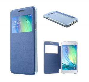 Tok álló, bőr hatású (FLIP, oldalra nyíló, S-View cover, szálcsiszolt mintázat) KÉK [Samsung Galaxy A3 (2015) SM-A300F]