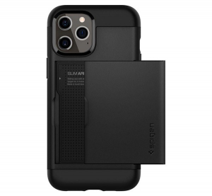 SPIGEN SLIM ARMOR CS szilikon telefonvédő (ütésálló, műanyag hátlap, kártyatartó, légpárnás sarok) FEKETE [Apple iPhone 12 Pro]