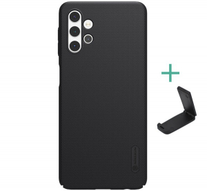 NILLKIN SUPER FROSTED műanyag telefonv&eacute;dő (gum&iacute;rozott, &eacute;rdes fel&uuml;let + asztali tart&oacute;) FEKETE [Samsung Galaxy A32 5G (SM-A326)]