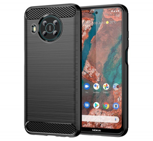 Szilikon telefonvédő (közepesen ütésálló, légpárnás sarok, szálcsiszolt, karbon minta) FEKETE [Nokia X20]