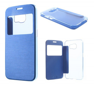 Tok álló, bőr hatású (FLIP, oldalra nyíló, átlátszó hátlap, S-View Cover, szálcsiszolt mintázat) KÉK [Samsung Galaxy S6 (SM-G920)]