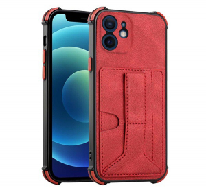 Szilikon telefonv&eacute;dő (k&ouml;zepesen &uuml;t&eacute;s&aacute;ll&oacute;, bőr hat&aacute;s&uacute;, bankk&aacute;rtya tart&oacute;, asztali tart&oacute; funkci&oacute; + k&eacute;zp&aacute;nt) PIROS [Apple iPhone 12 mini]