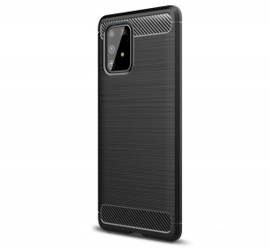 Szilikon telefonvédő (közepesen ütésálló, légpárnás sarok, szálcsiszolt, karbon minta) FEKETE [Samsung Galaxy S10 Lite (SM-G770F) ]