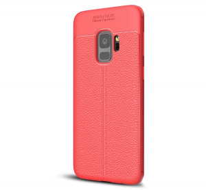 Szilikon telefonvédő (közepesen ütésálló, bőr hatású, varrás minta) PIROS [Samsung Galaxy S9 (SM-G960)]