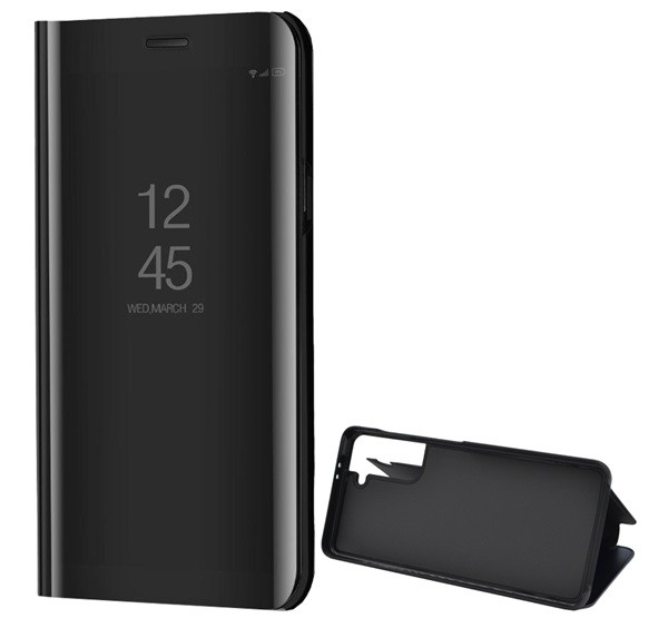 Tok álló (aktív FLIP, oldalra nyíló, asztali tartó funkció, tükrös felület, Mirror View Case) FEKETE [Samsung Galaxy S21 (SM-G991) 5G]