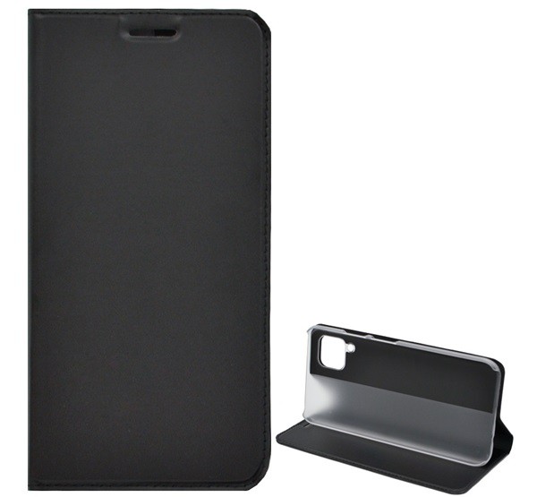 Tok álló, bőr hatású (FLIP, oldalra nyíló, asztali tartó funkció, műanyag belső) FEKETE [Huawei P40 Lite 4G / Nova 6 SE]