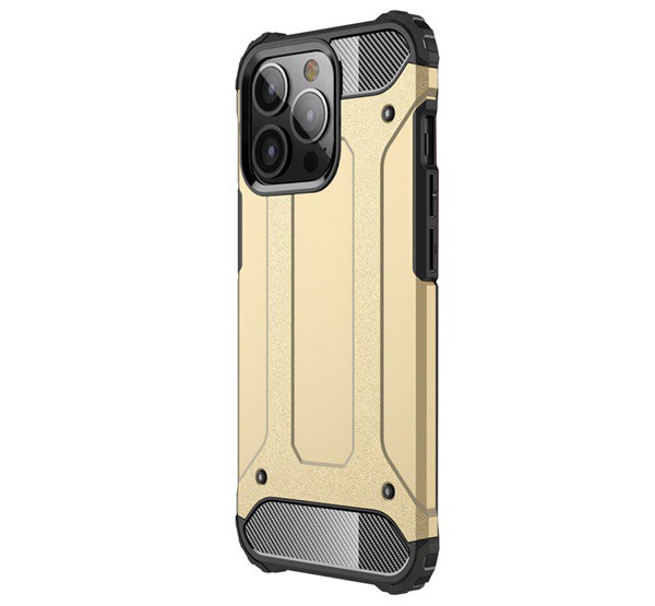 Defender műanyag telefonvédő (közepesen ütésálló, légpárnás sarok, szilikon belső, fémhatás) ARANY [Apple iPhone 13 Pro]