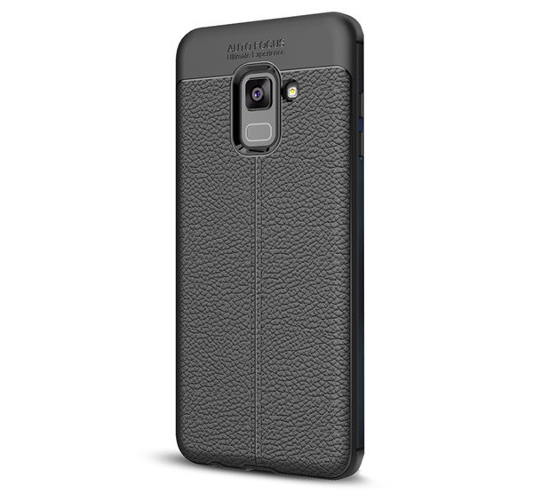 Szilikon telefonvédő (közepesen ütésálló, bőr hatású, varrás minta) FEKETE [Samsung Galaxy A8 Plus (2018) SM-A730F]
