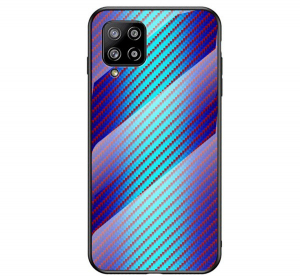 Telefonvédő szilikon keret (BUMPER, edzett üveg hátlap, karbon minta) KÉK [Samsung Galaxy A42 5G (SM-A425F)]