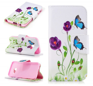 Tok álló, bőr hatású (FLIP, oldalra nyíló, asztali tartó funkció, pillangó, lila virág minta) FEHÉR [Samsung Galaxy A3 (2017) SM-A320F]